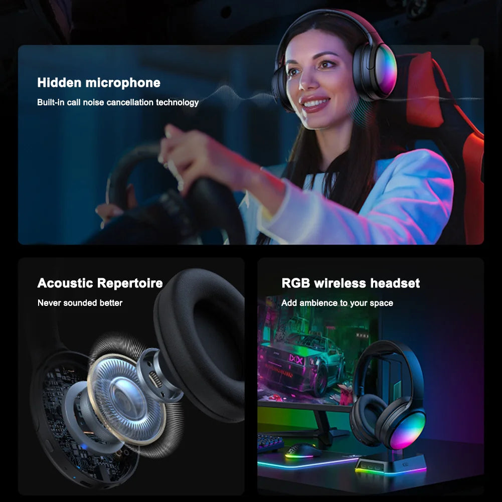 Wireless Gaming Headset Bluetooth-Compatible 5.3 Call Noise Cancelling Over Ear Headphones Gaming Headphones for PC/MAC/XBOX/PS4