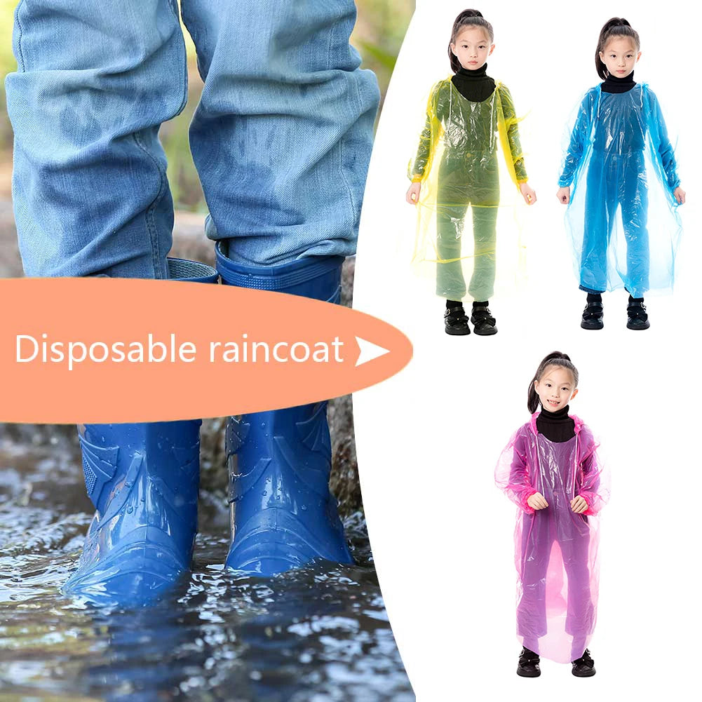 9-30PCS Kids Emergency Raincoats with Drawstring Hood Disposable Plastic Rain Poncho Rainwear for Camping Recreation Hiking