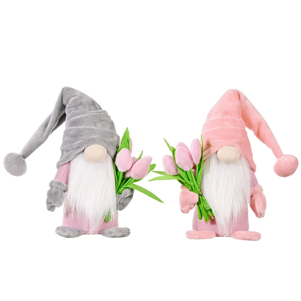 2Pcs Old Man Dwarf Decor Holding Tulip Mini Gnomes Figure Creative Plush Faceless Dwarf Ornament Mother Day Home Decor