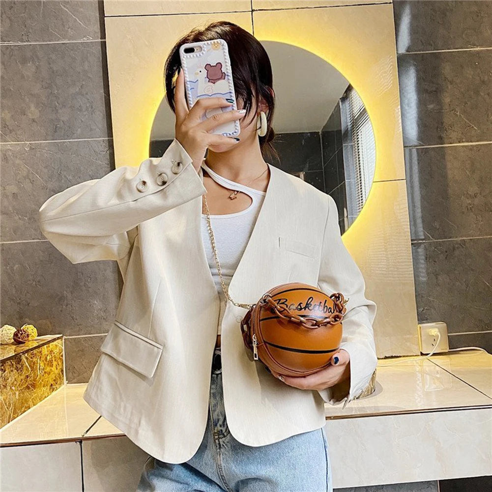 Women Basketball Shaped Mini Shoulder Bag Zipper PU Leather Small Tote Bag Chain Bag Basketball Purse for Girls Women