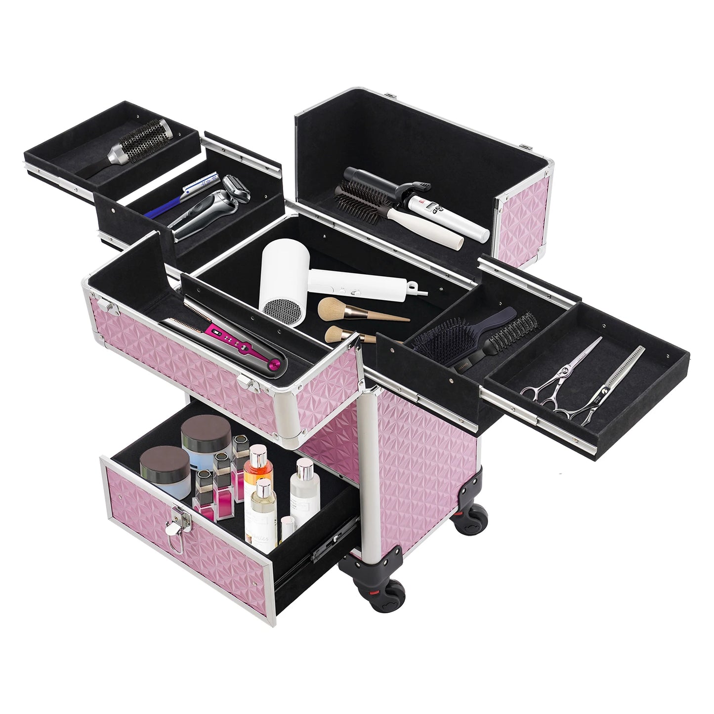 Aluminum Rolling Makeup Train Case, Portable Makeup Organizer Suitcase, Cosmetic Storage Box, Travel Beauty Luggage Trolley Lock