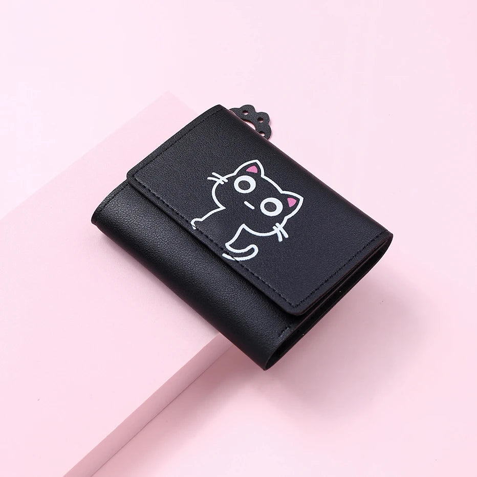 Solid Color PU Leather Fold Purse With Lovely Cat Print / Fashion Short Wallet Money Card Holder For Women