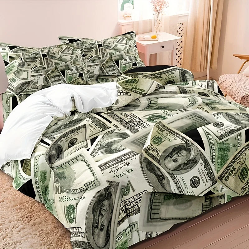 3-Piece Luxurious Hundred Dollar Bill Bedding Set – Ultra-Comfortable 3D Money Print Duvet Cover & Soft Pillowcases – Stylis