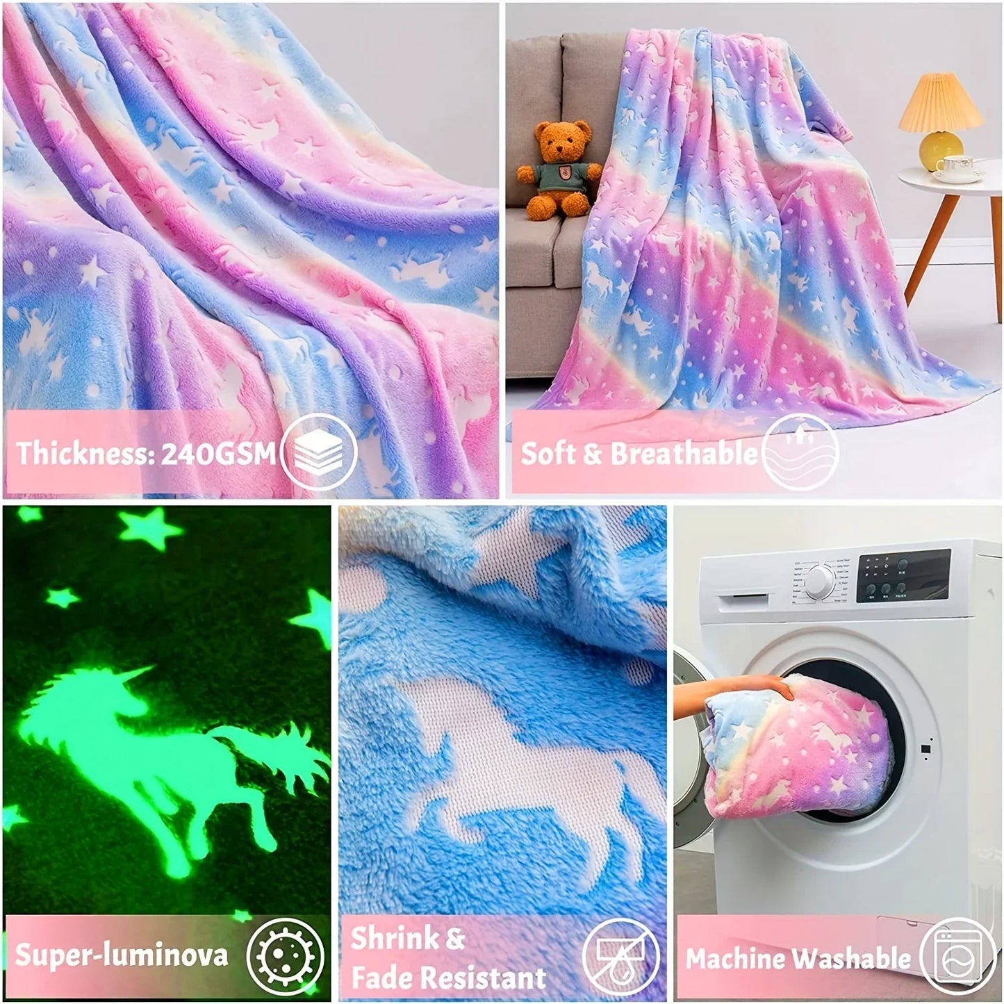 Glow in The Dark Rainbow Unicorn Blanket Cozy Soft Flannel Blanket for Sofa Bed Car Bedding Blanket for Boys Girls Kids Toddlers