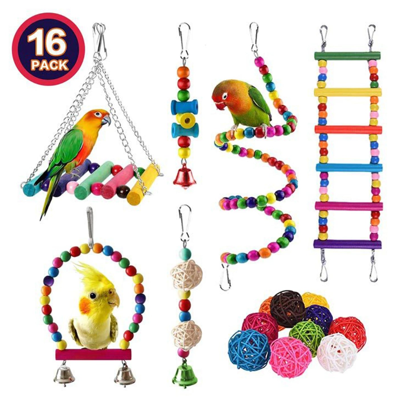 16 Packs Toy Set for Parrots Safe and Durable Bird Toys for Cockatiels Parakeets and Attract Birds' Attention Easy to Install