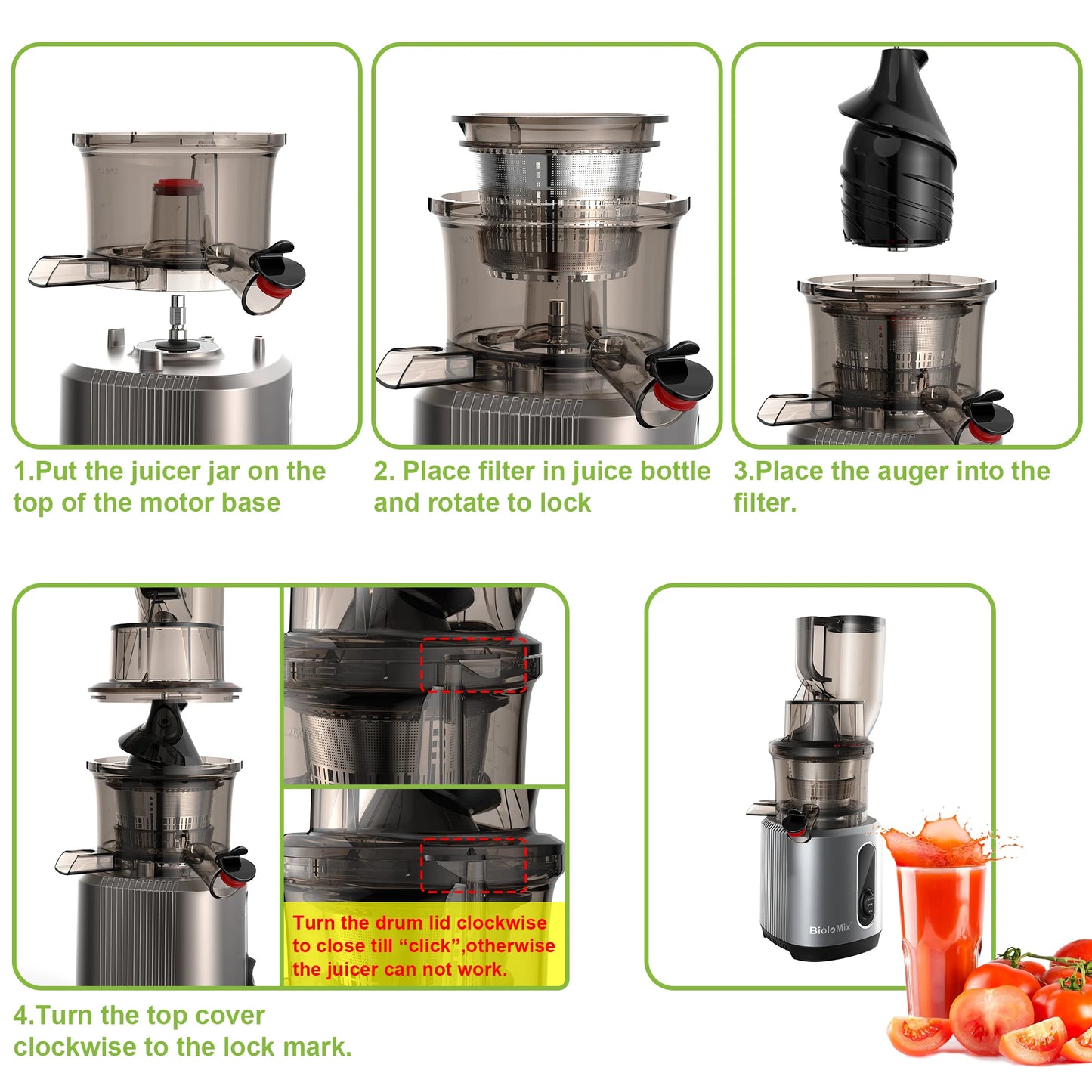 BioloMix Cold Press Juicer with 75mm Feed Chute, 200W 40-65RPM Powerful Motor Slow Masticating Juice Extractor Fits Whole Fruits