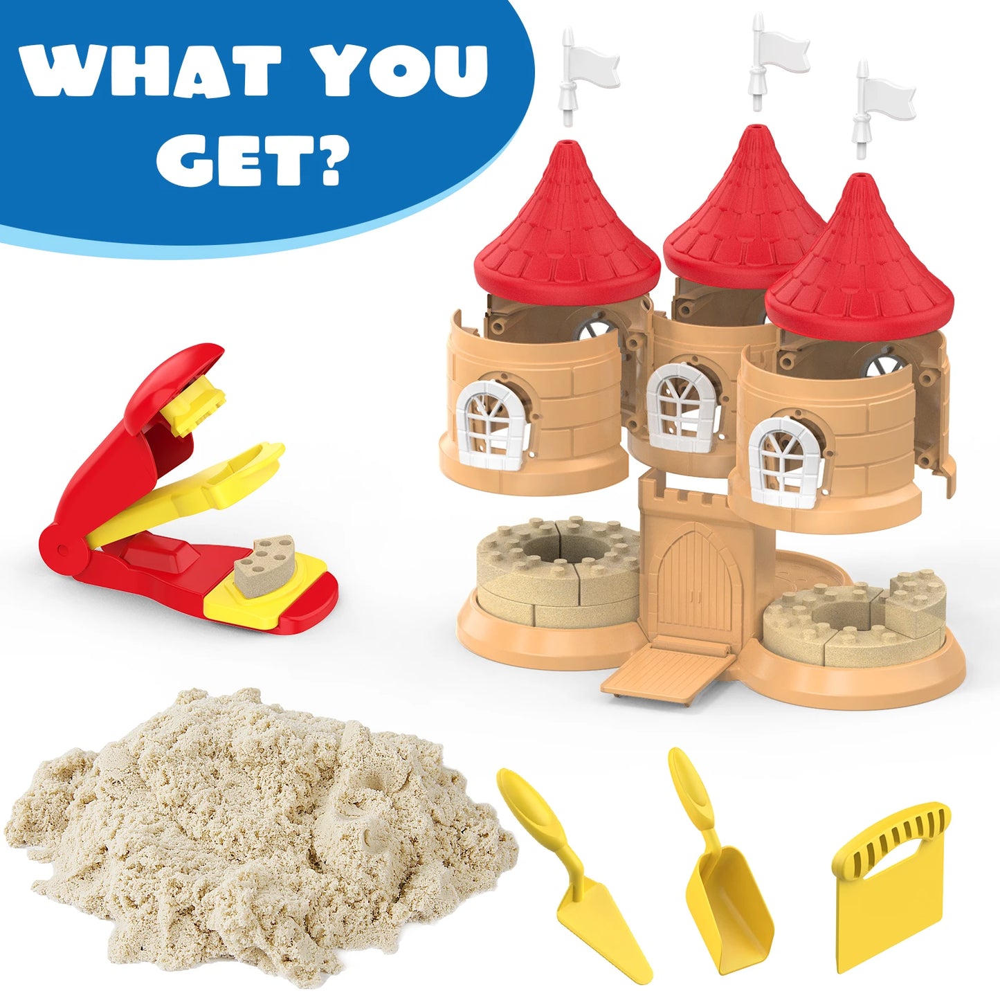 Sensory Sand Building Molds with Brick Press & 4 Tools Building Toys Set House Castle Moldable Sensory Play Sand for Kids Age 3+