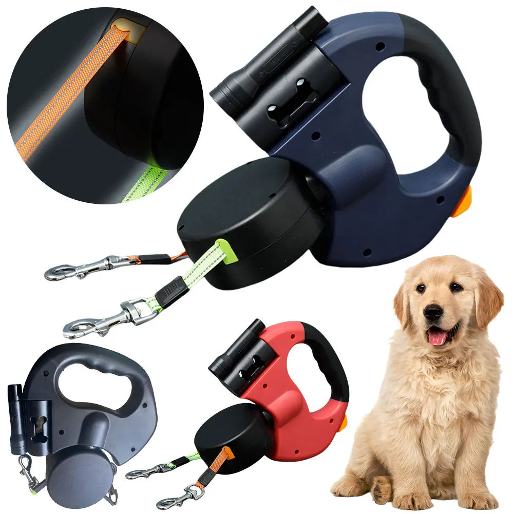 Double Headed Dog Leash Dog Walking Leash 360 Degree Swivel Dual Pet Leash with LED Light Retractable Dog Leash for 2 Dogs