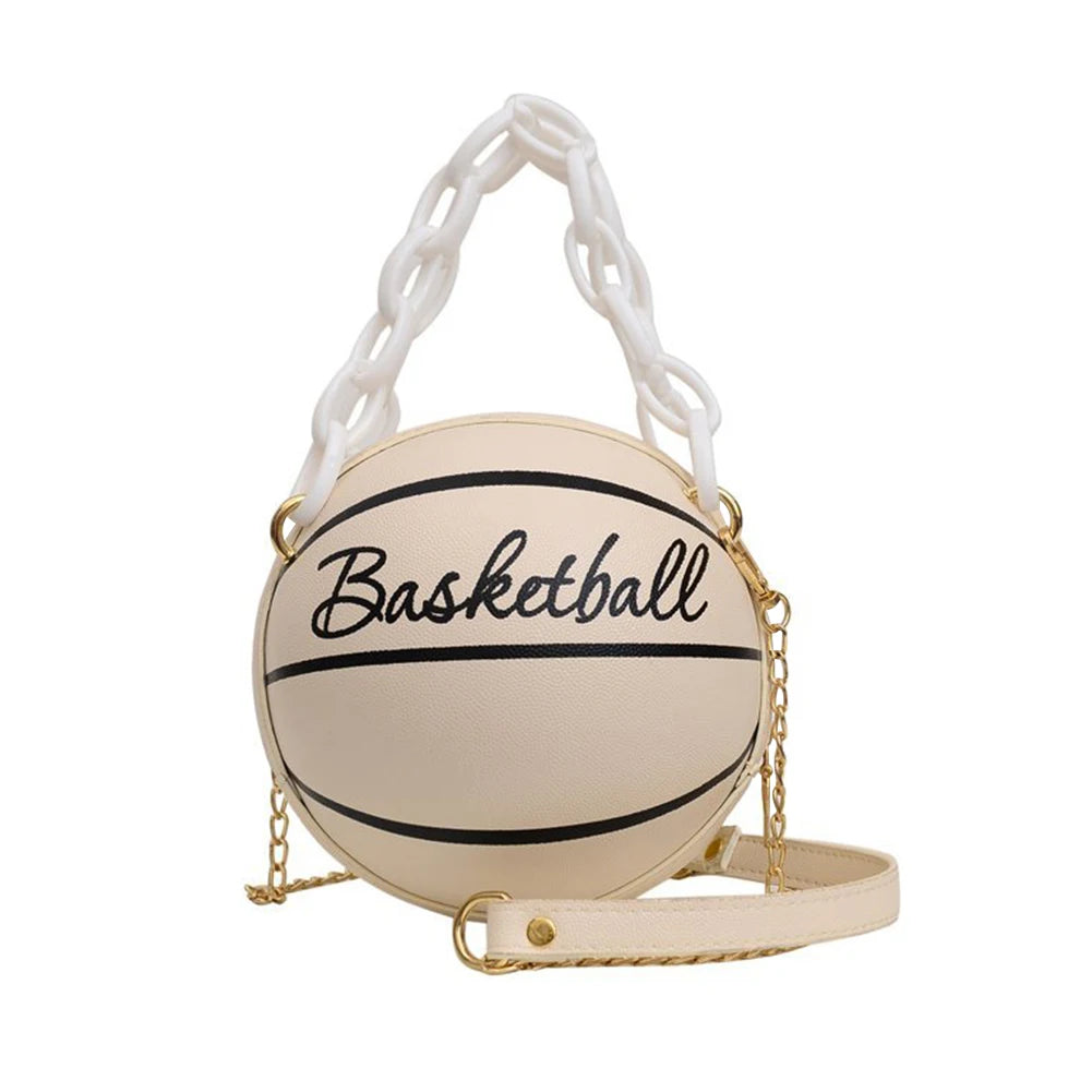 Women Basketball Shaped Mini Shoulder Bag Zipper PU Leather Small Tote Bag Chain Bag Basketball Purse for Girls Women