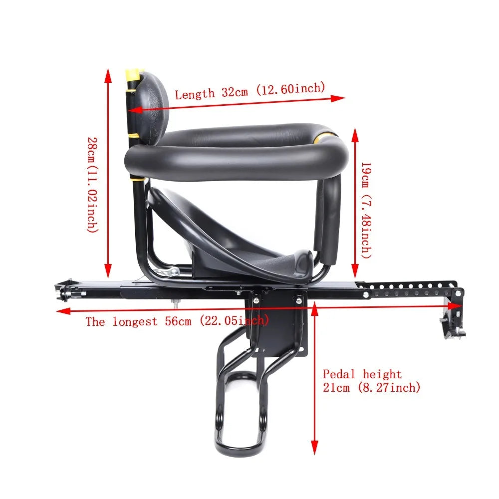 Front Mounted Child Bike Seat Thickened Black Padded Saddle Seat with Foot Pedals/Handrail Kids Front Bike Seat Safety Carrier