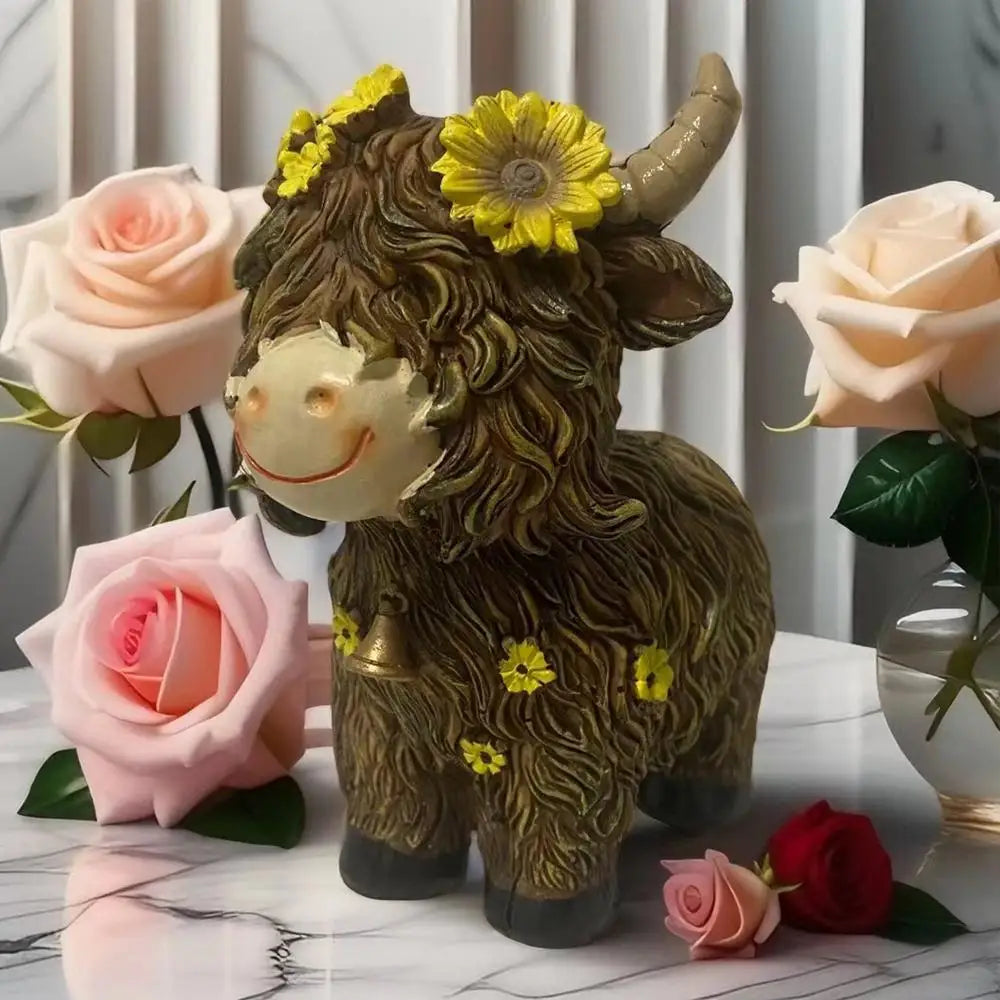 Highland Cow Figurine Resin Figurine With Flower Collectible Figurine For Farmhouse Table Home Garden Decorations