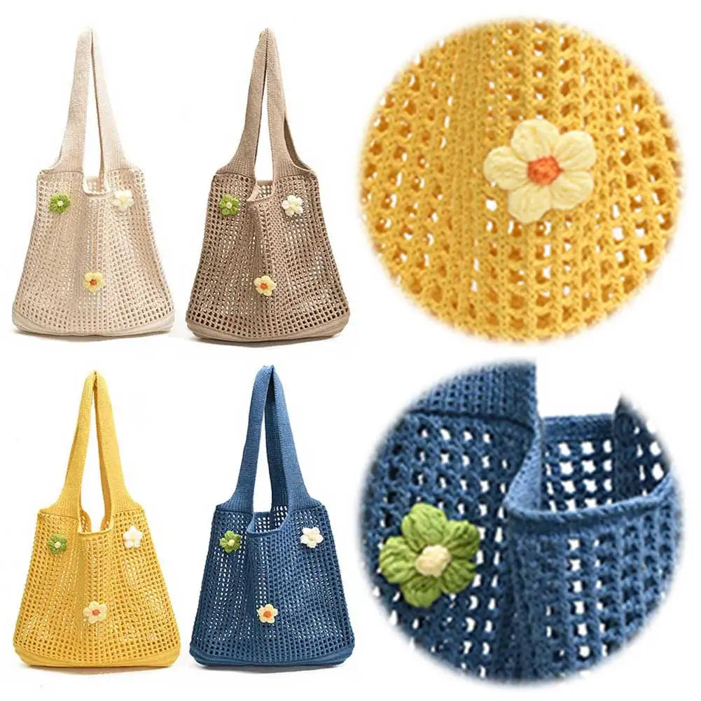 Women Knitted Tote Bag Crochet Shoulder Bag with Flower Decor Fashion Tote Handbags Hollow Out Handbag Outdoor Travel Bag