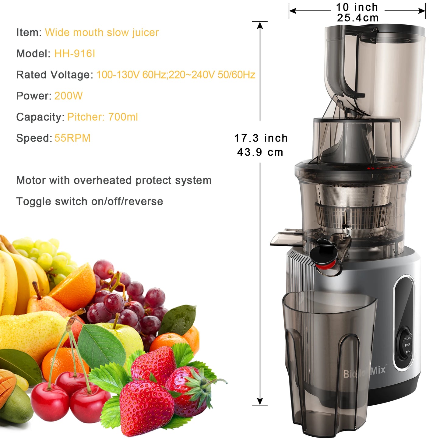 BioloMix Cold Press Juicer with 75mm Feed Chute, 200W 40-65RPM Powerful Motor Slow Masticating Juice Extractor Fits Whole Fruits