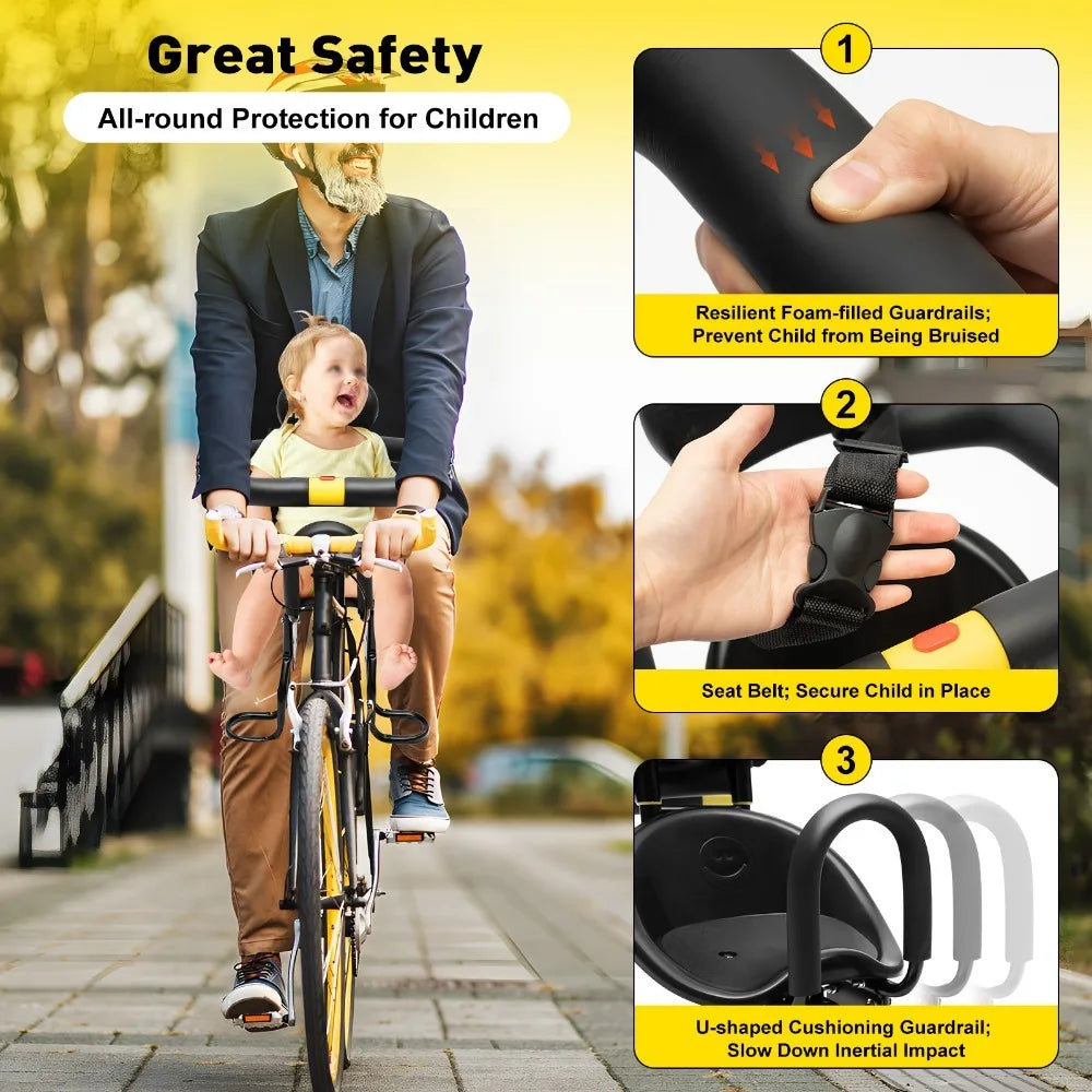 Front Mounted Child Bike Seat Thickened Black Padded Saddle Seat with Foot Pedals/Handrail Kids Front Bike Seat Safety Carrier