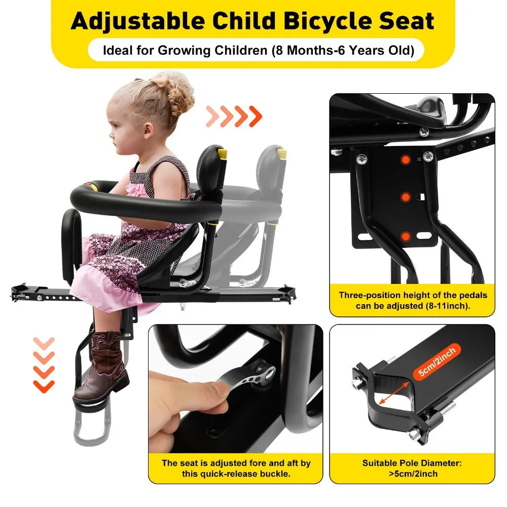 Front Mounted Child Bike Seat Thickened Black Padded Saddle Seat with Foot Pedals/Handrail Kids Front Bike Seat Safety Carrier