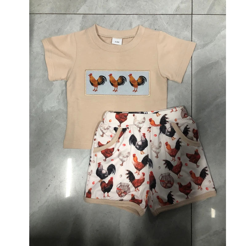 FOCUSNORM 0-4Y Toddler Kids Boys Clothes Sets Rooster Embroidery Short Sleeve T-shirts Elastic Waist Shorts 2PCS