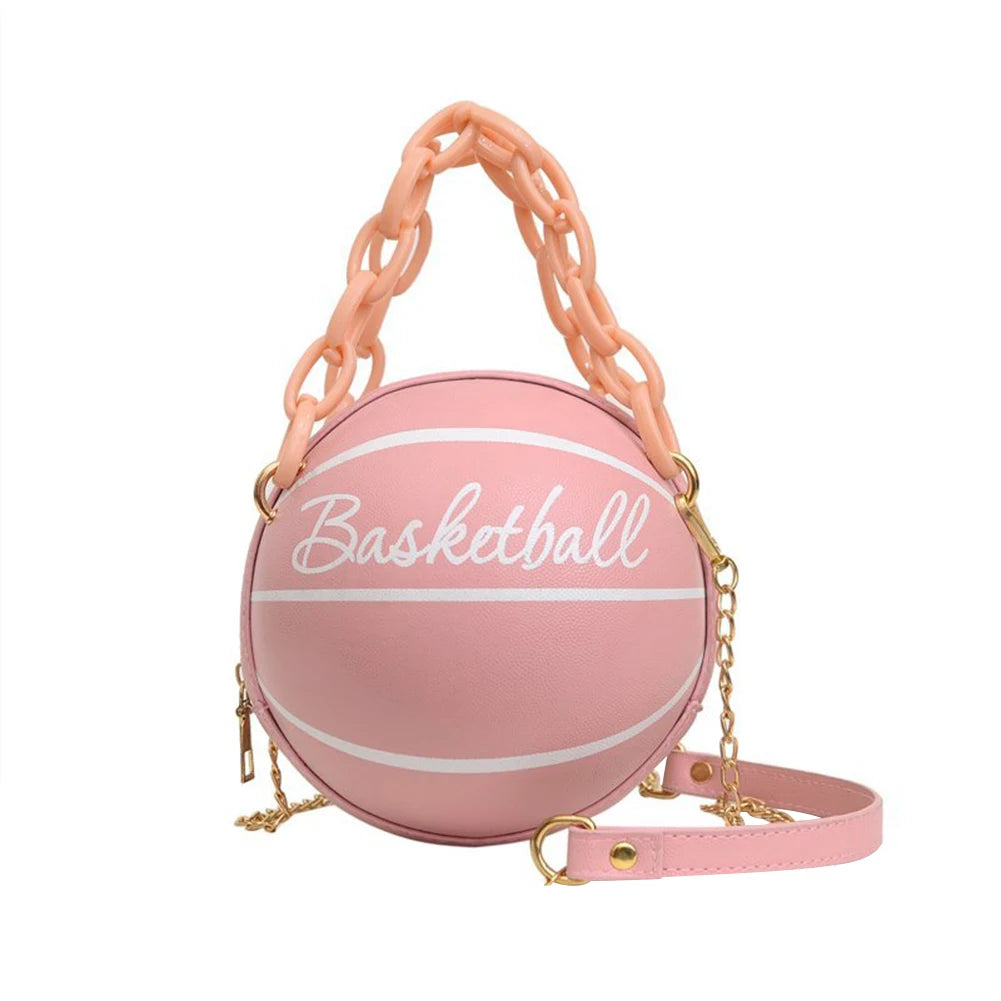 Women Basketball Shaped Mini Shoulder Bag Zipper PU Leather Small Tote Bag Chain Bag Basketball Purse for Girls Women