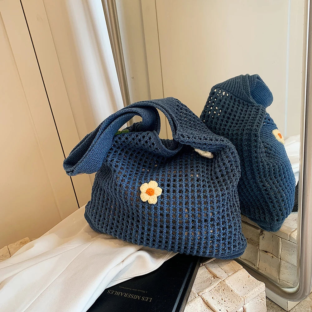 Women Knitted Tote Bag Crochet Shoulder Bag with Flower Decor Fashion Tote Handbags Hollow Out Handbag Outdoor Travel Bag