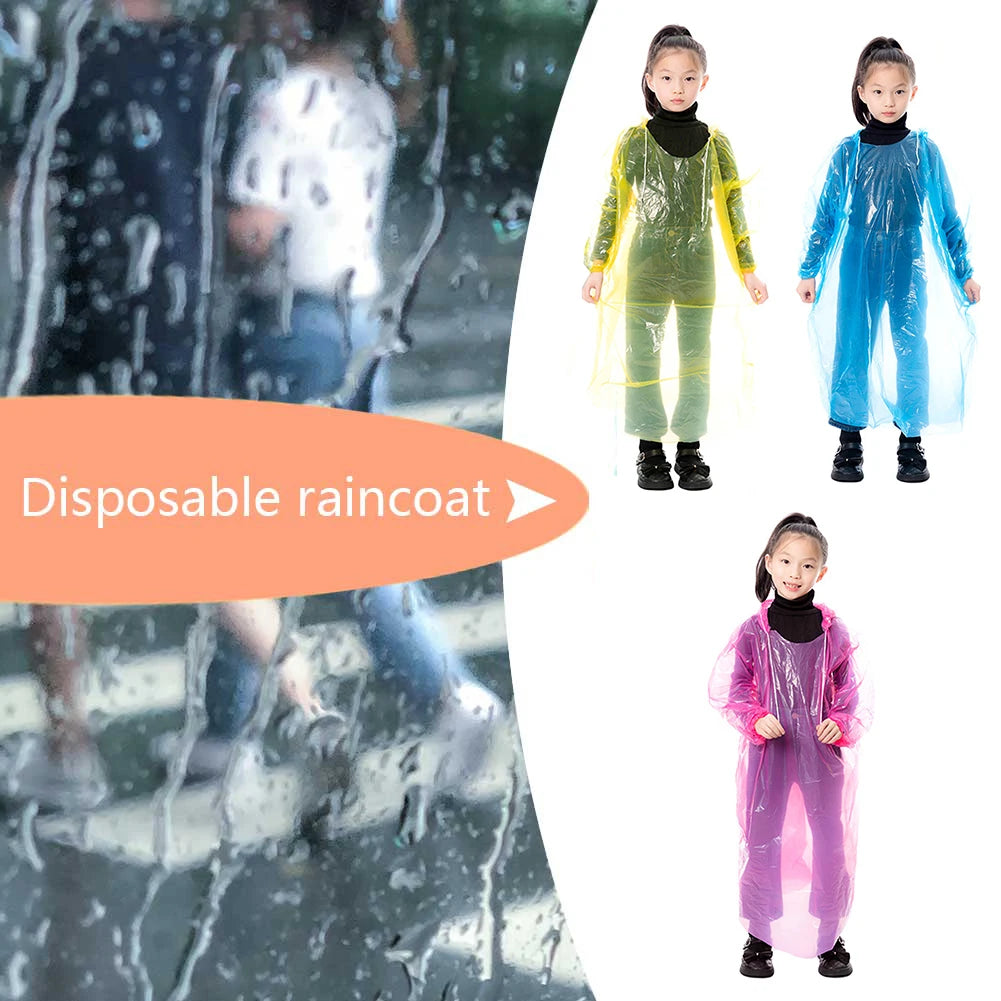 9-30PCS Kids Emergency Raincoats with Drawstring Hood Disposable Plastic Rain Poncho Rainwear for Camping Recreation Hiking