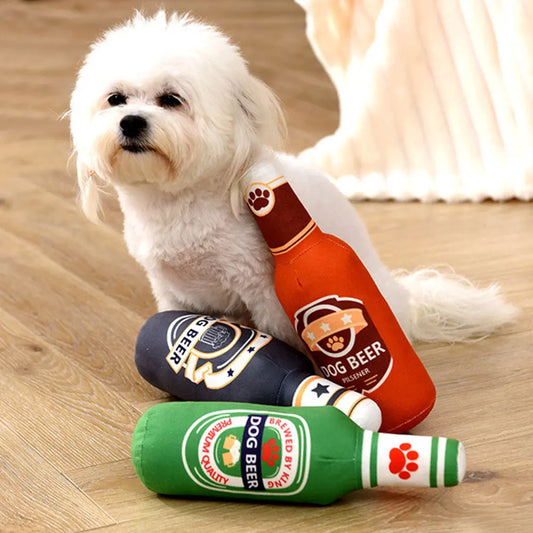 Dog Plush Toys Pet Squeaky Printed Beer Bottle Shape Toy Dog Bite-Resistant Clean Teeth Chew Toy Pet Supplies Interactive Toys