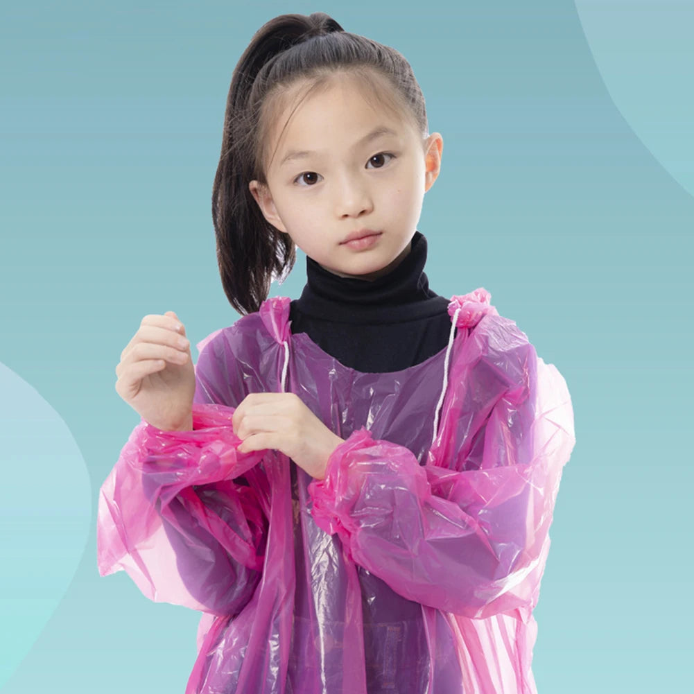 9-30PCS Kids Emergency Raincoats with Drawstring Hood Disposable Plastic Rain Poncho Rainwear for Camping Recreation Hiking