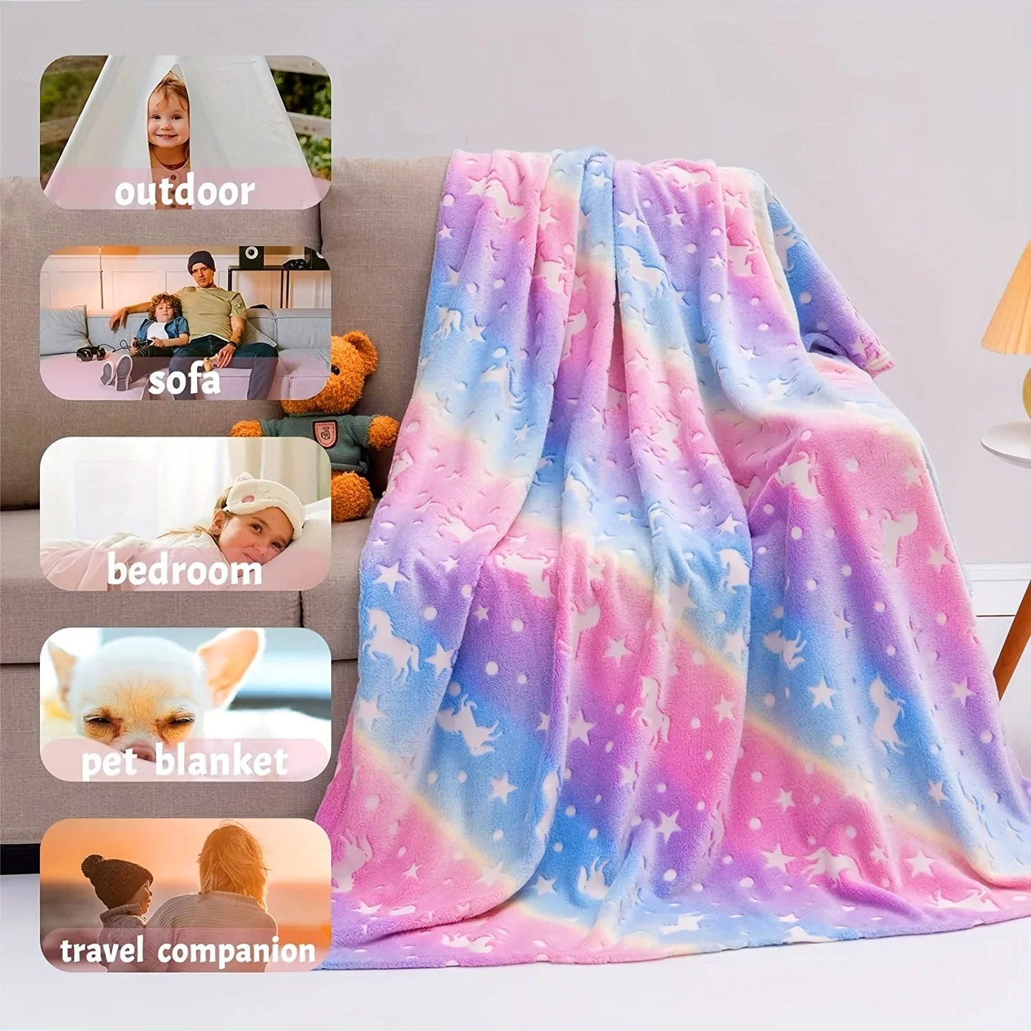 Glow in The Dark Rainbow Unicorn Blanket Cozy Soft Flannel Blanket for Sofa Bed Car Bedding Blanket for Boys Girls Kids Toddlers