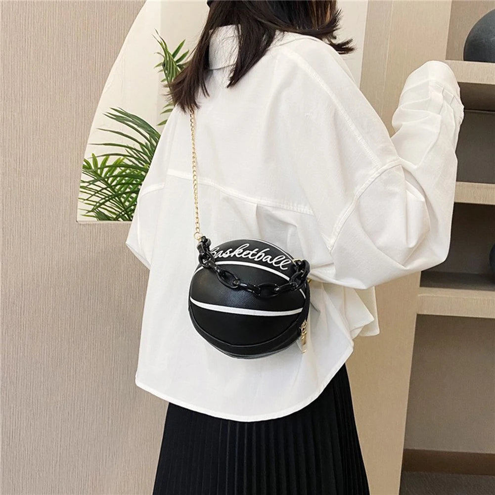 Women Basketball Shaped Mini Shoulder Bag Zipper PU Leather Small Tote Bag Chain Bag Basketball Purse for Girls Women