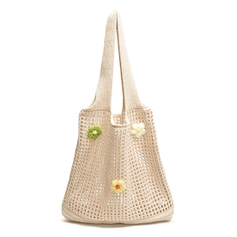 Women Knitted Tote Bag Crochet Shoulder Bag with Flower Decor Fashion Tote Handbags Hollow Out Handbag Outdoor Travel Bag