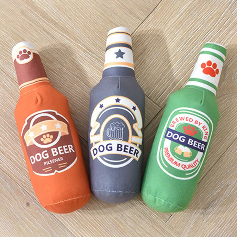 Dog Plush Toys Pet Squeaky Printed Beer Bottle Shape Toy Dog Bite-Resistant Clean Teeth Chew Toy Pet Supplies Interactive Toys