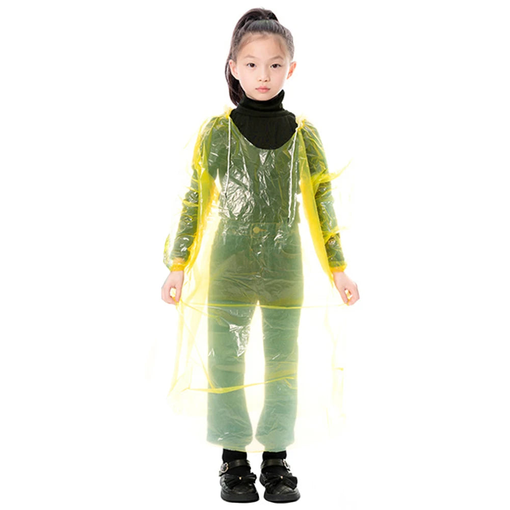 9-30PCS Kids Emergency Raincoats with Drawstring Hood Disposable Plastic Rain Poncho Rainwear for Camping Recreation Hiking