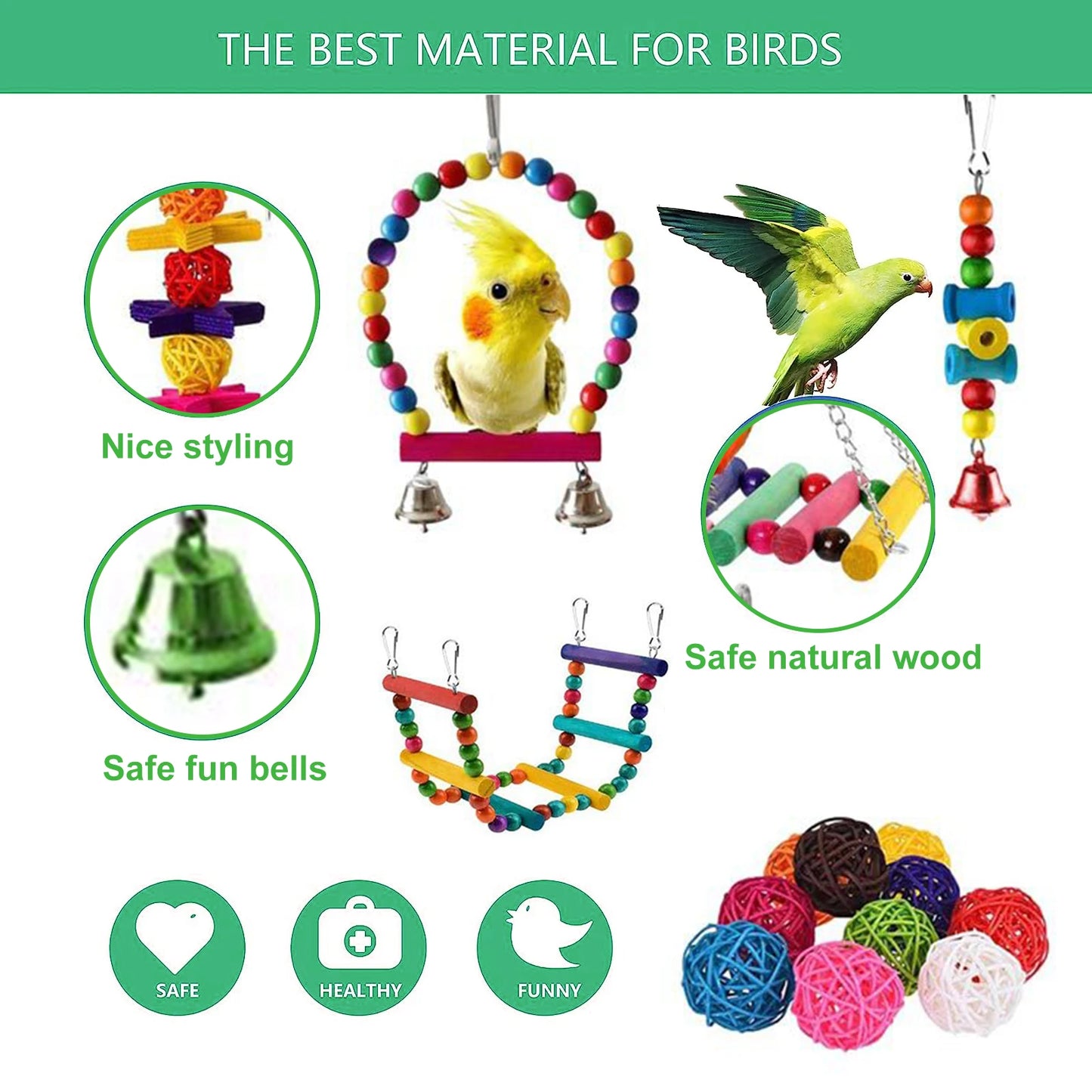 16 Packs Toy Set for Parrots Safe and Durable Bird Toys for Cockatiels Parakeets and Attract Birds' Attention Easy to Install