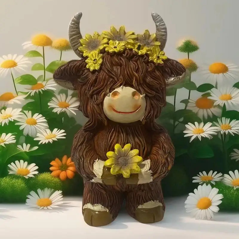 Highland Cow Figurine Resin Figurine With Flower Collectible Figurine For Farmhouse Table Home Garden Decorations