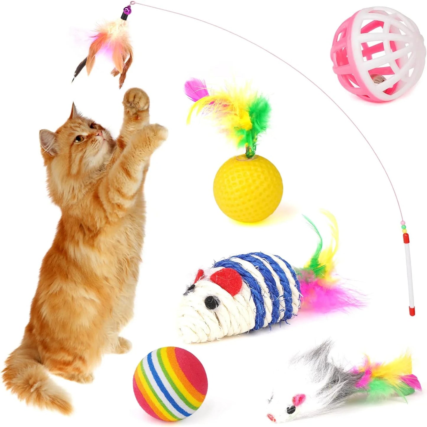 Enticing Collapsible Cat Tunnel Set with 4 Entrances - Rainbow Pinwheel Shape - Includes 11 Catnip Toys - Interactive Indoor Pla