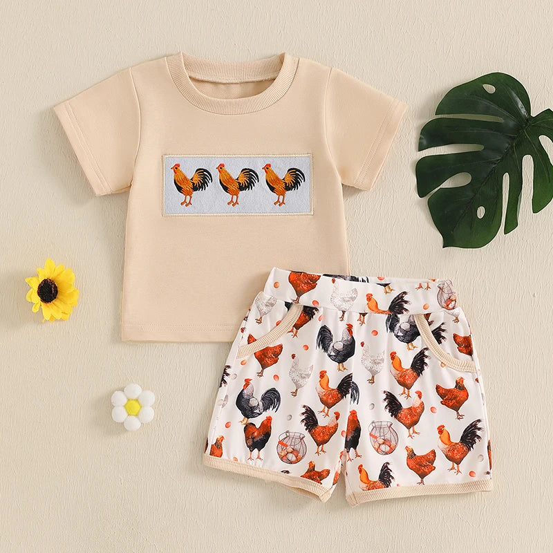 FOCUSNORM 0-4Y Toddler Kids Boys Clothes Sets Rooster Embroidery Short Sleeve T-shirts Elastic Waist Shorts 2PCS