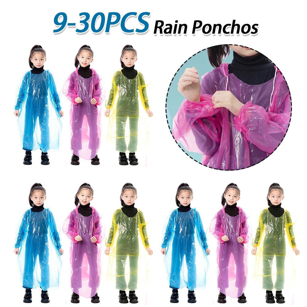 9-30PCS Kids Emergency Raincoats with Drawstring Hood Disposable Plastic Rain Poncho Rainwear for Camping Recreation Hiking