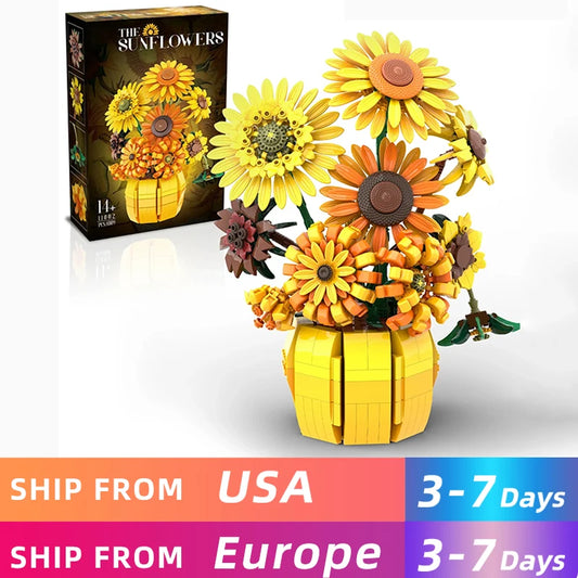 1009PCS Sunflower Building Blocks Flower Bouquet Vase Model Bricks Set Idea Home Decoration Kids Educational Toys Holiday Gifts