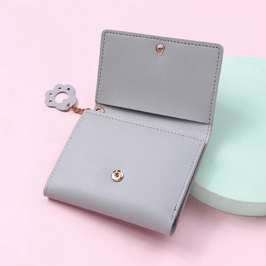 Solid Color PU Leather Fold Purse With Lovely Cat Print / Fashion Short Wallet Money Card Holder For Women