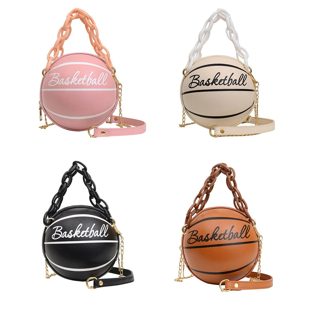 Women Basketball Shaped Mini Shoulder Bag Zipper PU Leather Small Tote Bag Chain Bag Basketball Purse for Girls Women