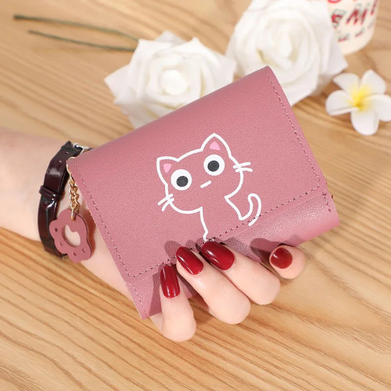 Solid Color PU Leather Fold Purse With Lovely Cat Print / Fashion Short Wallet Money Card Holder For Women