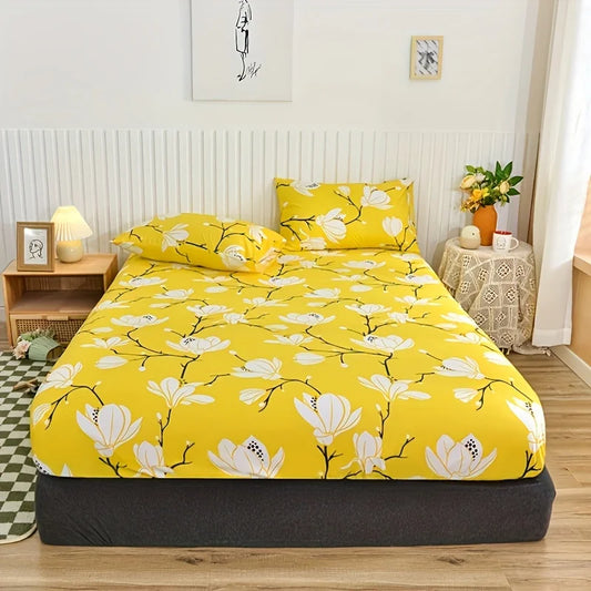 3pcs Fitted Sheet Set, Yellow Flora Pattern Printed Bedding Set, Soft Comfortable Breathable Fitted Sheet For Bedroom, Guest Roo