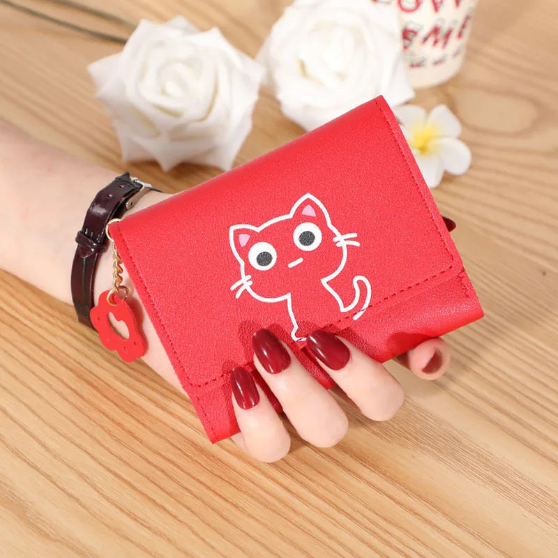 Solid Color PU Leather Fold Purse With Lovely Cat Print / Fashion Short Wallet Money Card Holder For Women