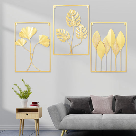 3 Pack Metal Large Leaf Frame Wrought Iron Wall Hanging Accent Leaves Wall Art Floral Wall Decor Sculptures Indoor for Home Gold