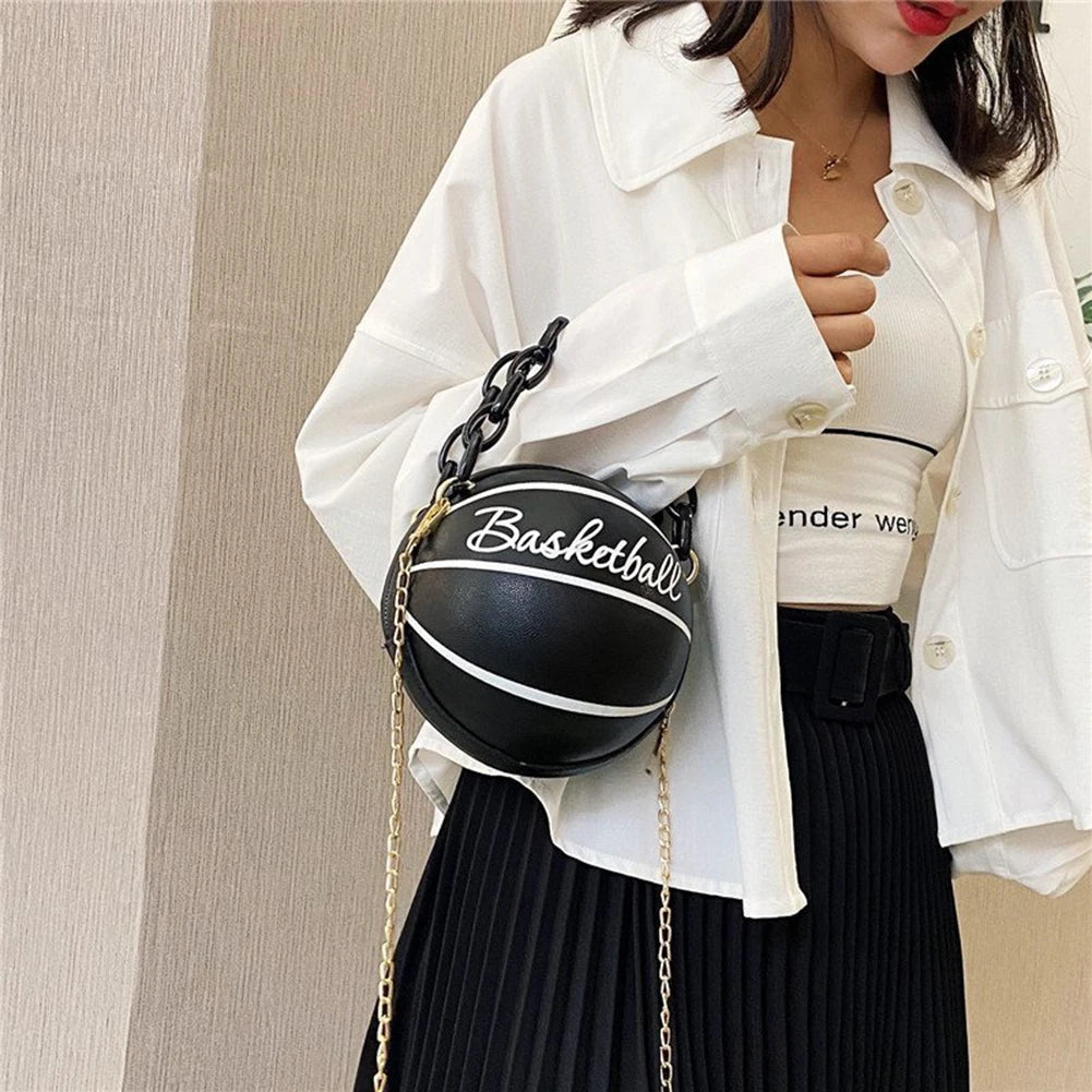 Women Basketball Shaped Mini Shoulder Bag Zipper PU Leather Small Tote Bag Chain Bag Basketball Purse for Girls Women