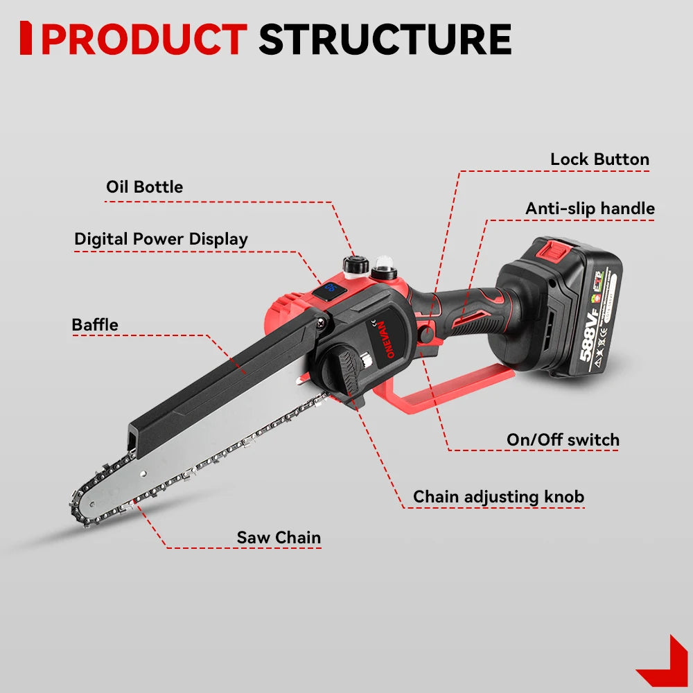 ONEVAN 8 Inch Brushless Electric Chainsaw Cordless Portable Electric Saw Woodworking Power Tool For Makita 18V Battery