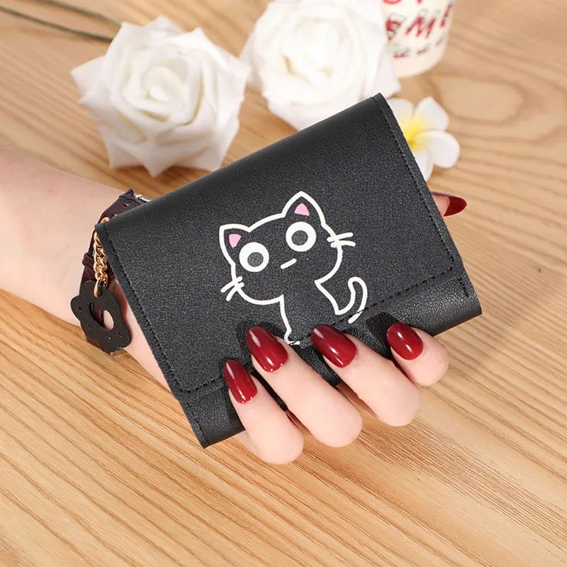 Solid Color PU Leather Fold Purse With Lovely Cat Print / Fashion Short Wallet Money Card Holder For Women