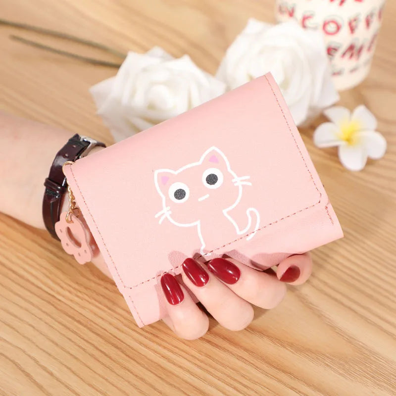 Solid Color PU Leather Fold Purse With Lovely Cat Print / Fashion Short Wallet Money Card Holder For Women