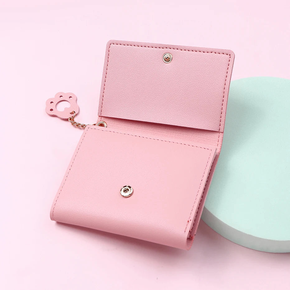 Solid Color PU Leather Fold Purse With Lovely Cat Print / Fashion Short Wallet Money Card Holder For Women