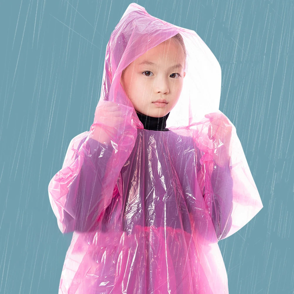 9-30PCS Kids Emergency Raincoats with Drawstring Hood Disposable Plastic Rain Poncho Rainwear for Camping Recreation Hiking