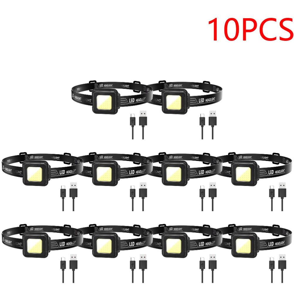 3-10PCS LED Work Light Type C USB Charging Multifunctional Head Torch Adjustable Angle COB LED Headlight Camping Running Hiking