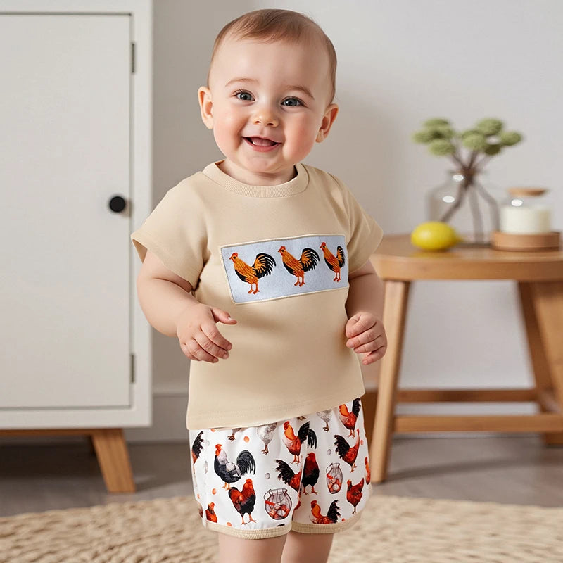 FOCUSNORM 0-4Y Toddler Kids Boys Clothes Sets Rooster Embroidery Short Sleeve T-shirts Elastic Waist Shorts 2PCS